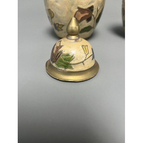 13 - A Pair of Small Cloisonné Enameled Brass Floral Ginger Jars. A Pair of small enameled cloisonné ging... 