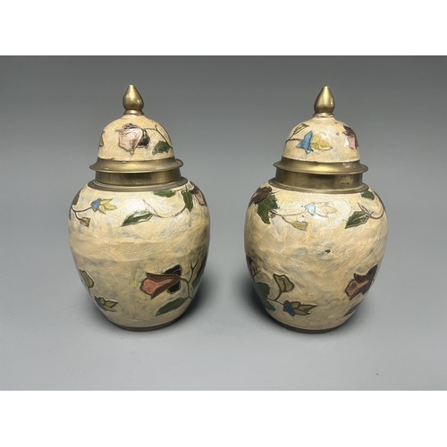 13 - A Pair of Small Cloisonné Enameled Brass Floral Ginger Jars. A Pair of small enameled cloisonné ging... 