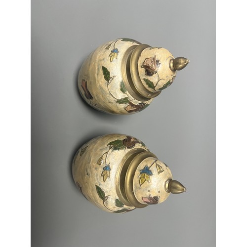 13 - A Pair of Small Cloisonné Enameled Brass Floral Ginger Jars. A Pair of small enameled cloisonné ging... 