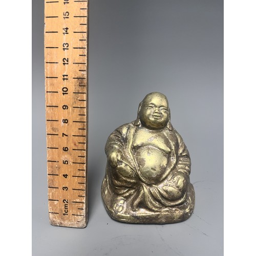 14 - Gold-Toned Tarnished Metal Happy Buddha Budai Figurine. A single gold-toned tarnished metal figurine... 