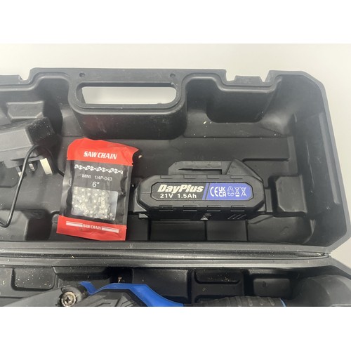 21 - DayPlus Mini Electric Chainsaw Kit with 21V Battery and Case. A DayPlus black and blue mini electric... 