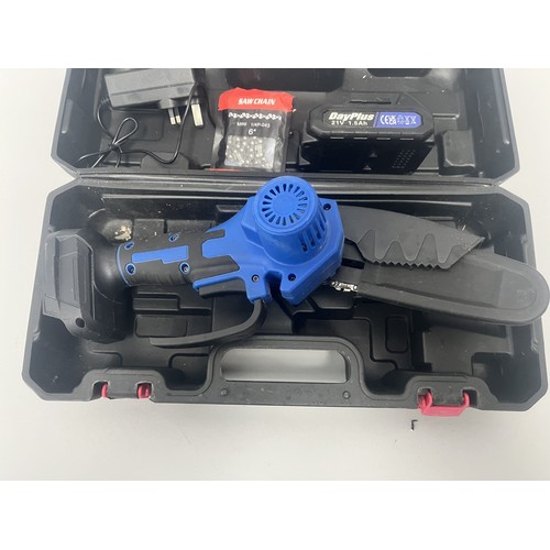 21 - DayPlus Mini Electric Chainsaw Kit with 21V Battery and Case. A DayPlus black and blue mini electric... 