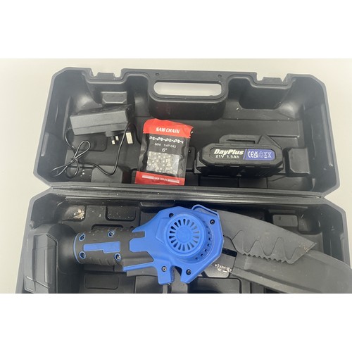 21 - DayPlus Mini Electric Chainsaw Kit with 21V Battery and Case. A DayPlus black and blue mini electric... 