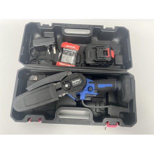 21 - DayPlus Mini Electric Chainsaw Kit with 21V Battery and Case. A DayPlus black and blue mini electric... 