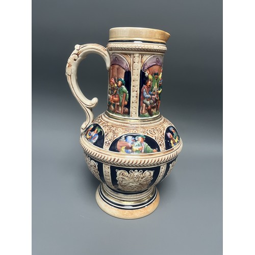 24 - Large S.P. Gerz German Historicism Polychrome Stoneware Pitcher. A large German stoneware pitcher or... 
