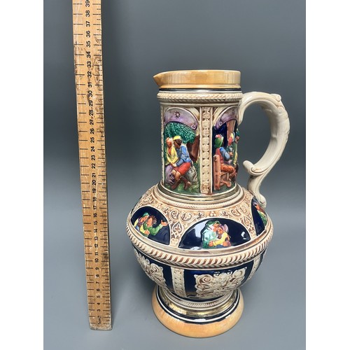 24 - Large S.P. Gerz German Historicism Polychrome Stoneware Pitcher. A large German stoneware pitcher or... 