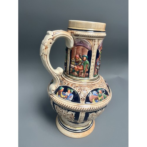 24 - Large S.P. Gerz German Historicism Polychrome Stoneware Pitcher. A large German stoneware pitcher or... 