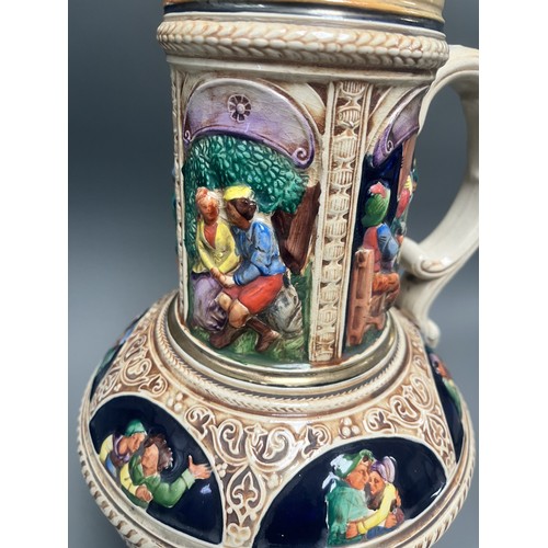 24 - Large S.P. Gerz German Historicism Polychrome Stoneware Pitcher. A large German stoneware pitcher or... 