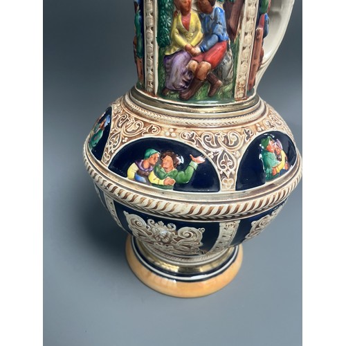 24 - Large S.P. Gerz German Historicism Polychrome Stoneware Pitcher. A large German stoneware pitcher or... 