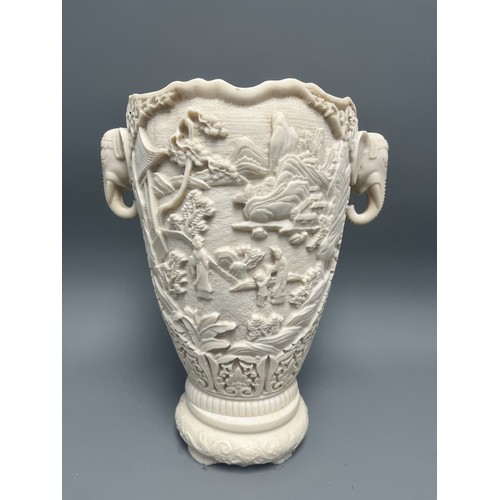 34 - A Large heavy Mid-Century Chinoiserie Faux Resin Vase with Elephant Head Handles. A single ornamenta... 