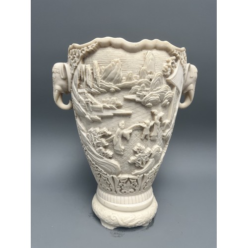 34 - A Large heavy Mid-Century Chinoiserie Faux Resin Vase with Elephant Head Handles. A single ornamenta... 