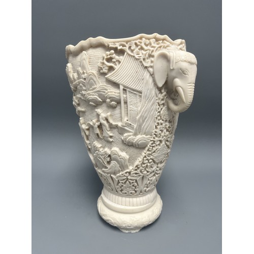 34 - A Large heavy Mid-Century Chinoiserie Faux Resin Vase with Elephant Head Handles. A single ornamenta... 