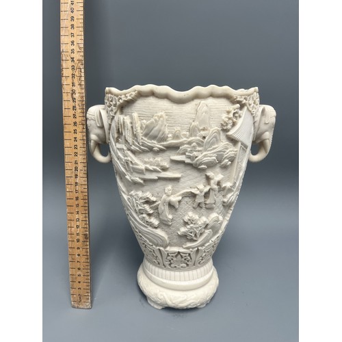 34 - A Large heavy Mid-Century Chinoiserie Faux Resin Vase with Elephant Head Handles. A single ornamenta... 