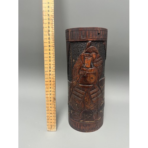 40 - Antique Carved Bamboo Brush Pot Depicting a Samurai Warrior. A large antique hand-carved cylindrical... 