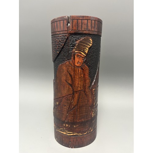 40 - Antique Carved Bamboo Brush Pot Depicting a Samurai Warrior. A large antique hand-carved cylindrical... 