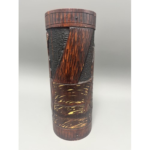 40 - Antique Carved Bamboo Brush Pot Depicting a Samurai Warrior. A large antique hand-carved cylindrical... 