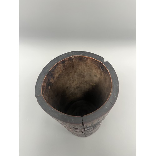40 - Antique Carved Bamboo Brush Pot Depicting a Samurai Warrior. A large antique hand-carved cylindrical... 