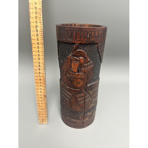 40 - Antique Carved Bamboo Brush Pot Depicting a Samurai Warrior. A large antique hand-carved cylindrical... 