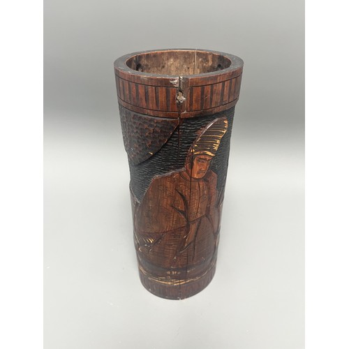 40 - Antique Carved Bamboo Brush Pot Depicting a Samurai Warrior. A large antique hand-carved cylindrical... 