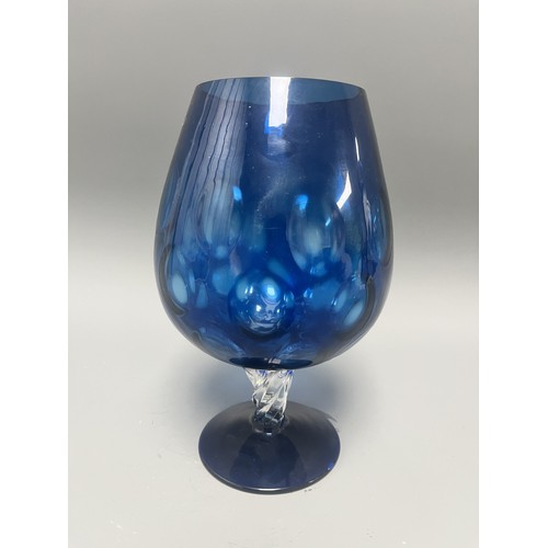 44 - Mid-Century Style Cobalt Blue Art Glass Stemmed Goblet with Internal White Decoration.
A single hand... 