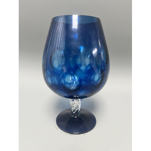 44 - Mid-Century Style Cobalt Blue Art Glass Stemmed Goblet with Internal White Decoration.
A single hand... 
