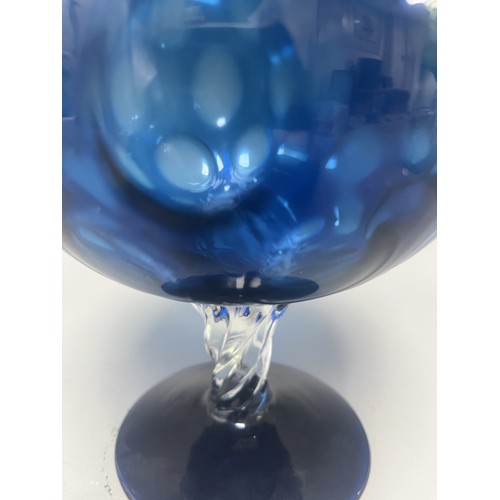 44 - Mid-Century Style Cobalt Blue Art Glass Stemmed Goblet with Internal White Decoration.
A single hand... 