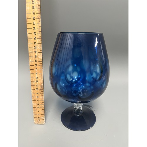 44 - Mid-Century Style Cobalt Blue Art Glass Stemmed Goblet with Internal White Decoration.
A single hand... 