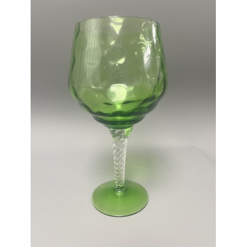 46 - Empoli Diamond Optic Green Glass Latticino Stem Goblet. A single stemmed drinking glass attributed t... 
