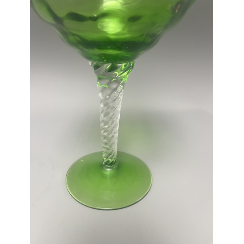 46 - Empoli Diamond Optic Green Glass Latticino Stem Goblet. A single stemmed drinking glass attributed t... 