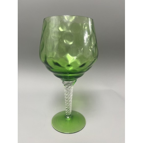 46 - Empoli Diamond Optic Green Glass Latticino Stem Goblet. A single stemmed drinking glass attributed t... 