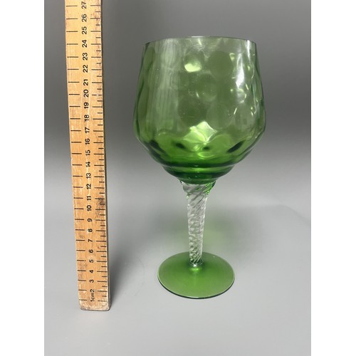 46 - Empoli Diamond Optic Green Glass Latticino Stem Goblet. A single stemmed drinking glass attributed t... 