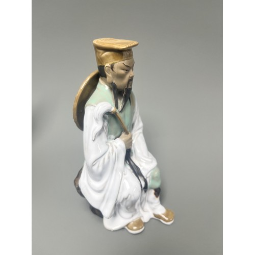 51 - A Pair of Chinese Shiwan Mudman Pottery Figurines, Musician and Scholar. A pair of Chinese Shiwan Mu... 