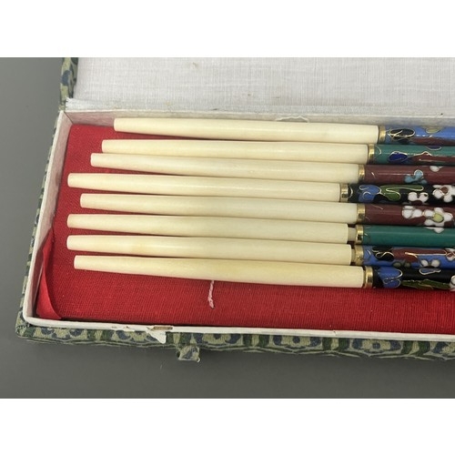 16 - A Collection of Eight Chinese Cloisonné and Bone Chopsticks. A Collection of 8 chopsticks (4 pairs) ... 