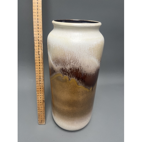 22A - Large Bay West German Pottery Ceramic Drip Glaze Vase. A large ceramic vase with white, brown, and t... 