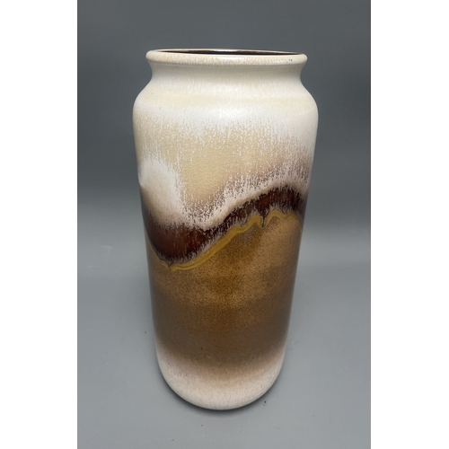 22A - Large Bay West German Pottery Ceramic Drip Glaze Vase. A large ceramic vase with white, brown, and t... 