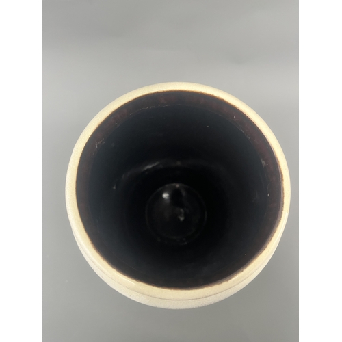 22A - Large Bay West German Pottery Ceramic Drip Glaze Vase. A large ceramic vase with white, brown, and t... 