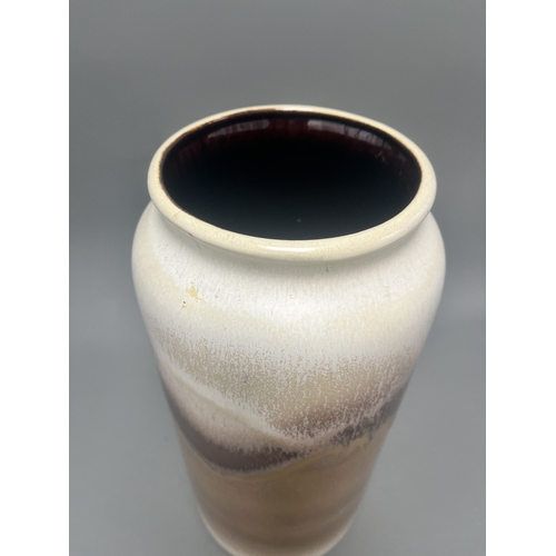 22A - Large Bay West German Pottery Ceramic Drip Glaze Vase. A large ceramic vase with white, brown, and t... 