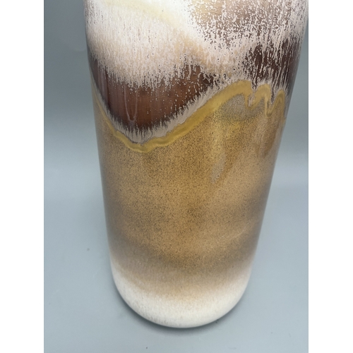 22A - Large Bay West German Pottery Ceramic Drip Glaze Vase. A large ceramic vase with white, brown, and t... 