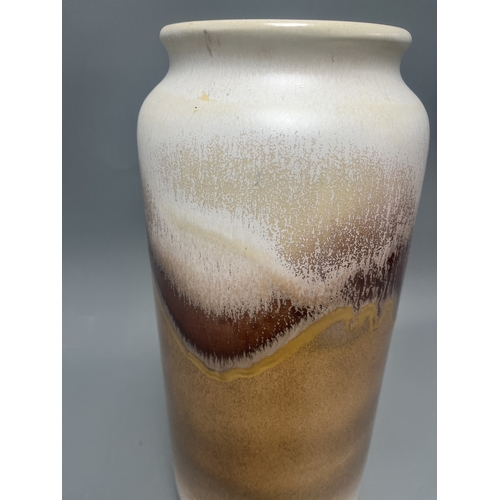 22A - Large Bay West German Pottery Ceramic Drip Glaze Vase. A large ceramic vase with white, brown, and t... 