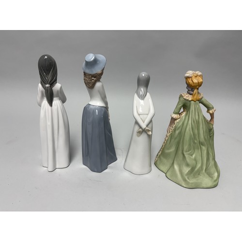 111 - A collection of four porcelain figurines including examples from Nao by Lladro, Miquel Requena, and ... 