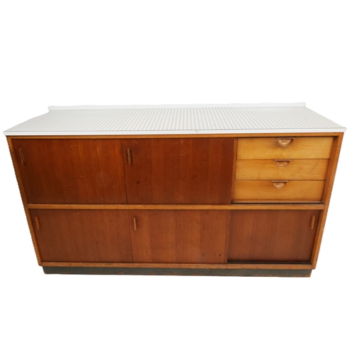 10 - Mid-Century Kandya Trimma-Style Sideboard with Sliding Doors & Formica Top 158cm