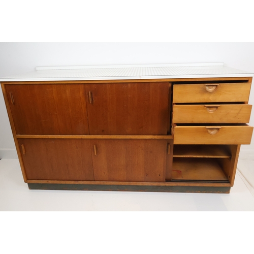 10 - Mid-Century Kandya Trimma-Style Sideboard with Sliding Doors & Formica Top 158cm