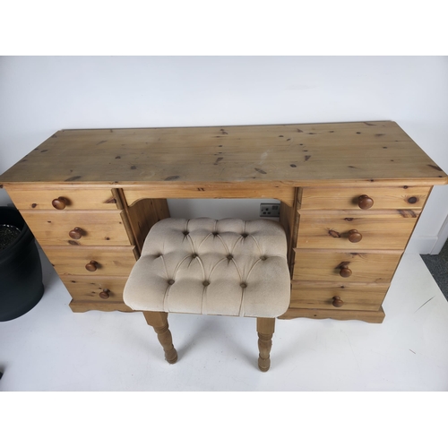 17 - A Pine Twin Pedestal Kneehole Dressing Table and Matching Stool