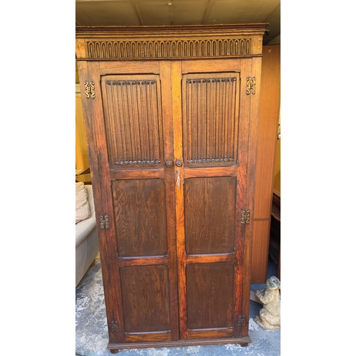 49 - Antique Jacobean Revival Tiger Oak Double Wardrobe Armoire