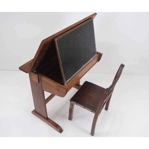 50 - Vintage Oak School Desk and Associated Chair, Early 20th Century