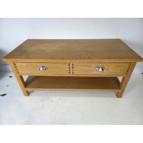 29 - Oak Console Coffee Table with Twin Dovetail Drawers and Lower Shelf