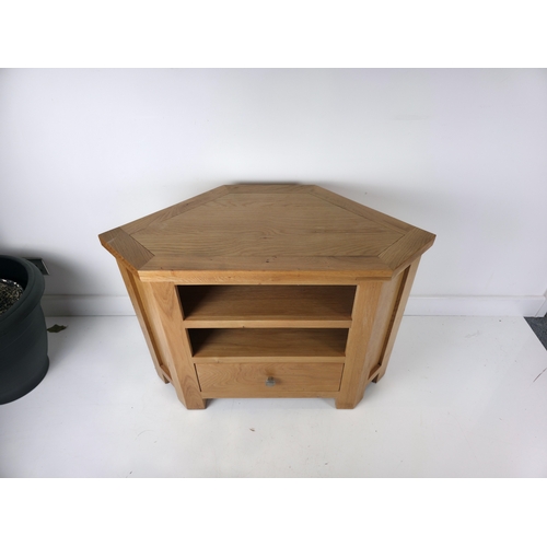 45 - Oak Corner TV / Media Cabinet with Drawer and Open Shelving