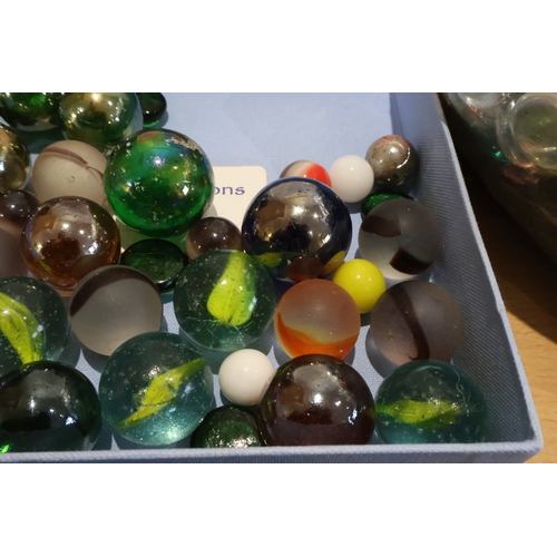 59 - Tray of marbles together with 3 bags of various stones/crystals/beads
