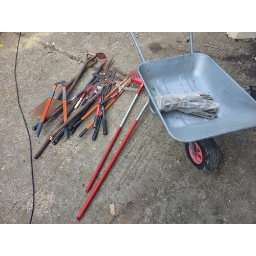 10 - Large Quantity Mixed Garden Tools & Wheelbarrow