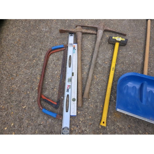 11 - Mixed Hand Tools Sledgehammer Pickaxes, Spirit Levels, Snow Shovel & A quantity of heavy-duty steel ... 